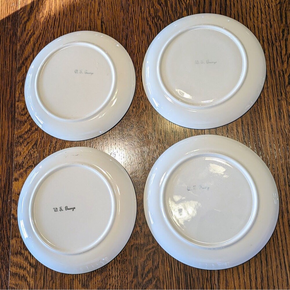 W S George 4 Vintage Fruit Motif Salad Plates 7.25" Apple Grape Pear Plum Gold - Picture 3 of 12